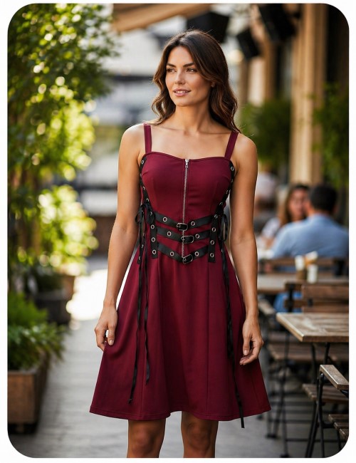 Vestido vino elegante con cinturones ajustables para mujer en Costa Rica