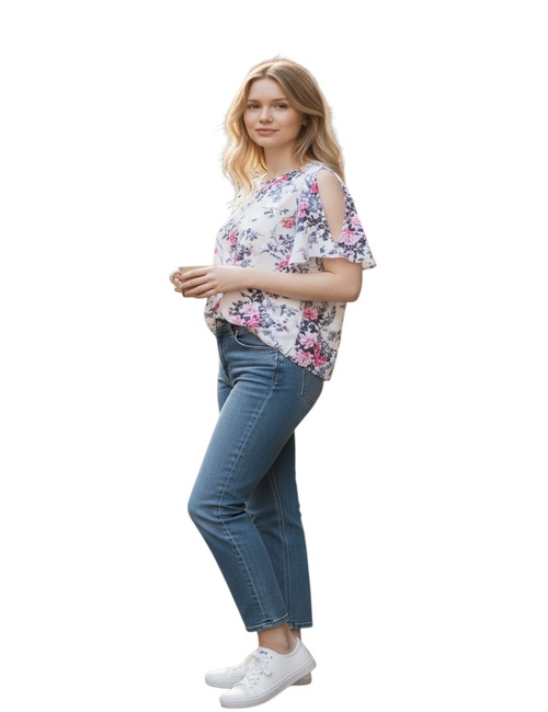 Blusa clásica cuello V estampado floral con mangas abiertas para mujer - Image 5